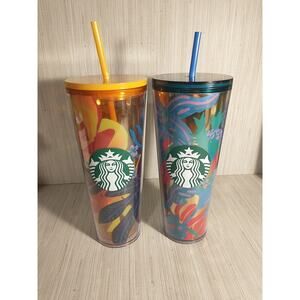 Starbucks Tropical Jungle Metallic and Yellow Floral Cold Cup Tumbler 24 oz Lot